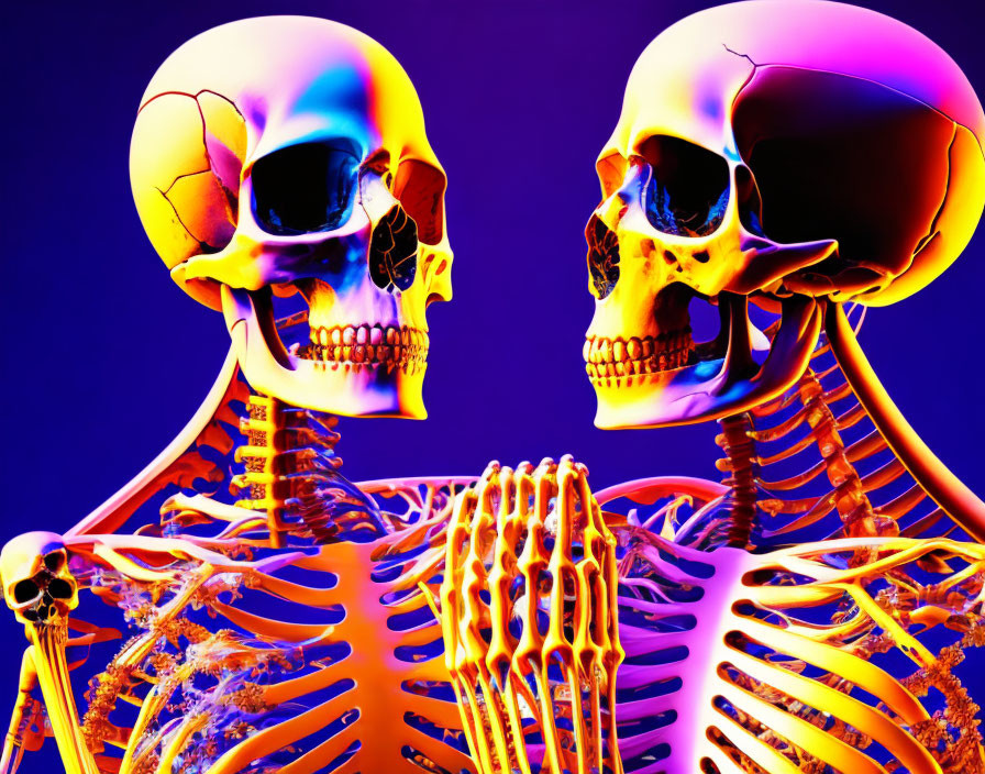 Vibrant purple and yellow lit human skeletons in surreal scene