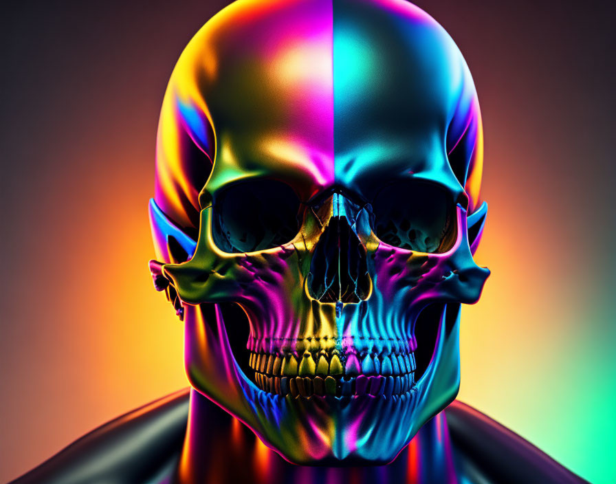 Multicolored Neon Skull on Dark Background