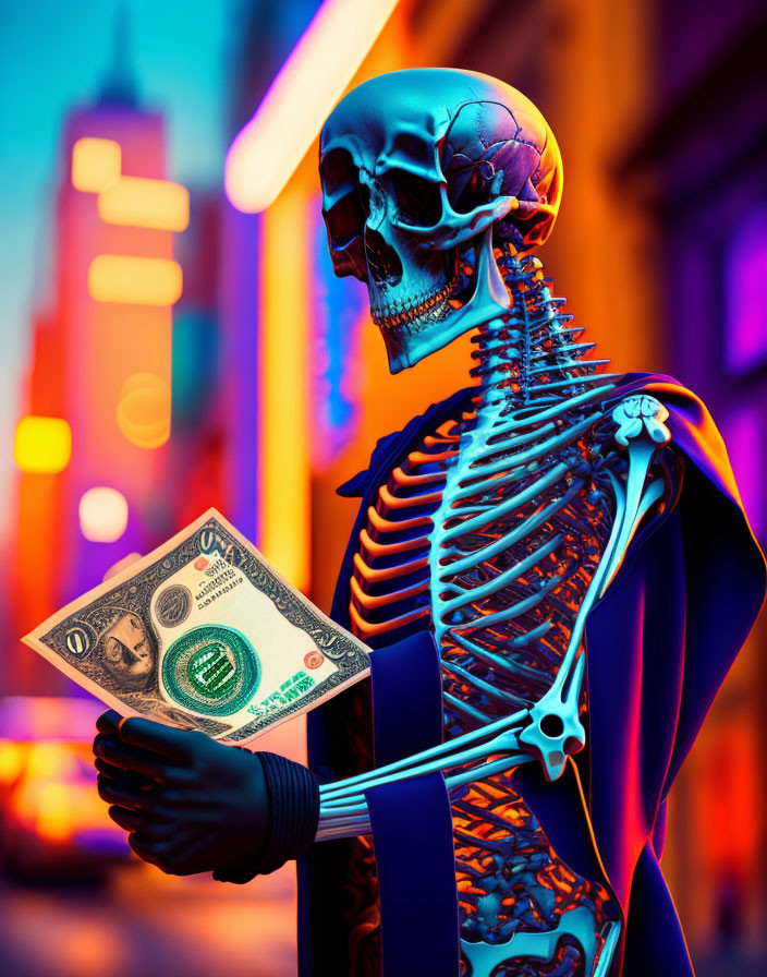 Colorful artwork: Skeleton with neon outline and dollar bill in vibrant city.