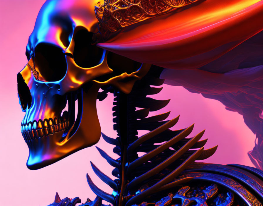 Golden Skull with Spine and Red Cape on Pink and Purple Background