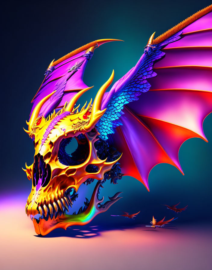 Colorful dragon skull digital art on gradient background