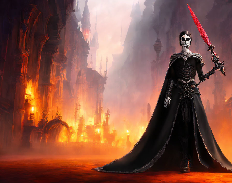 Sinister skeleton in black armor wields red sword in gothic cityscape.