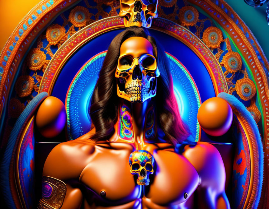 Vibrant digital artwork of female figure with skull face and mystical aura