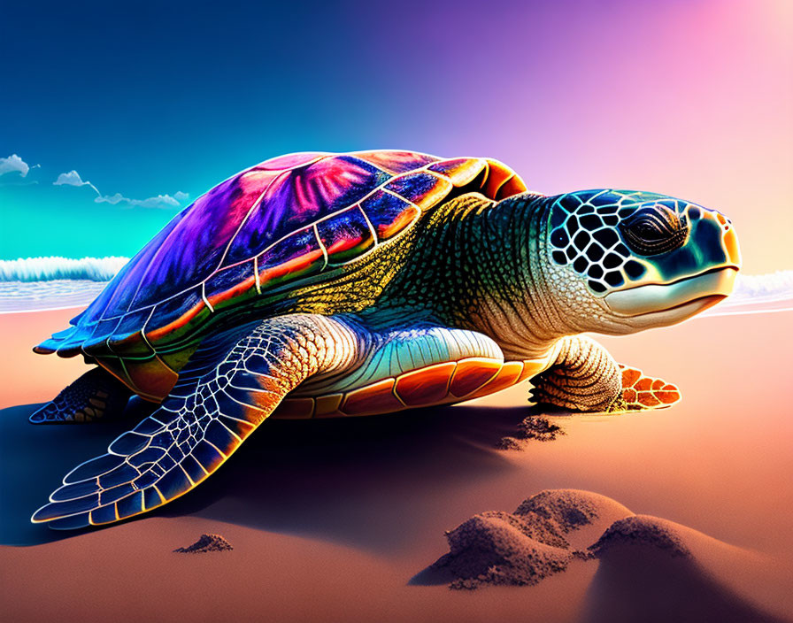 Colorful Sea Turtle Digital Illustration on Sandy Beach with Surreal Sky