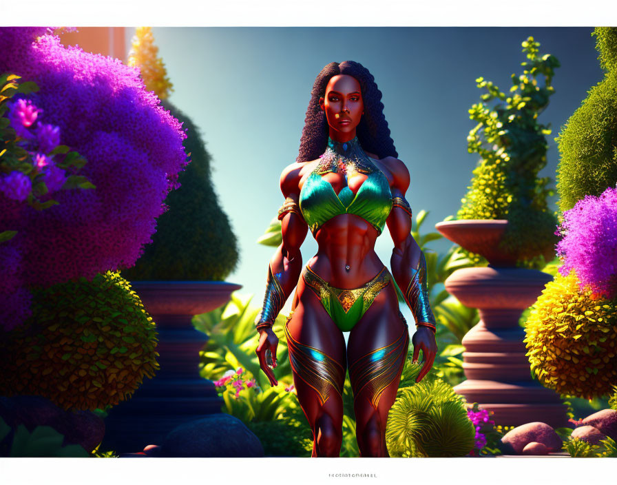 Digital artwork: Powerful woman in futuristic outfit in lush garden