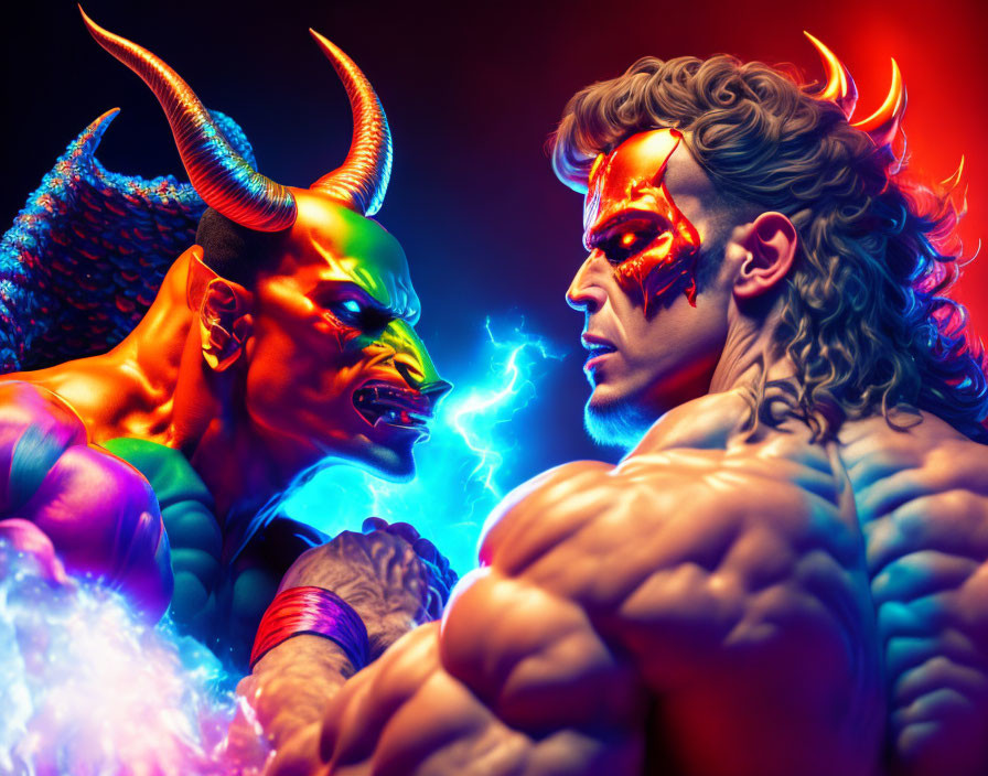 Muscular beings with horns and glowing eyes in intense face-off