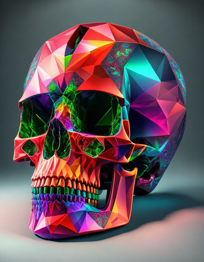 Colorful Polygonal Digital Art of Human Skull with Geometric Patterns