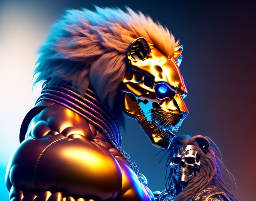 Robotic lion head and skeletal figure in futuristic digital art