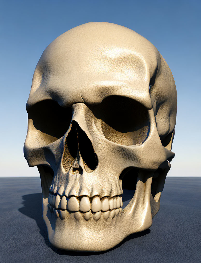 Smooth-surfaced human skull 3D rendering against clear blue sky