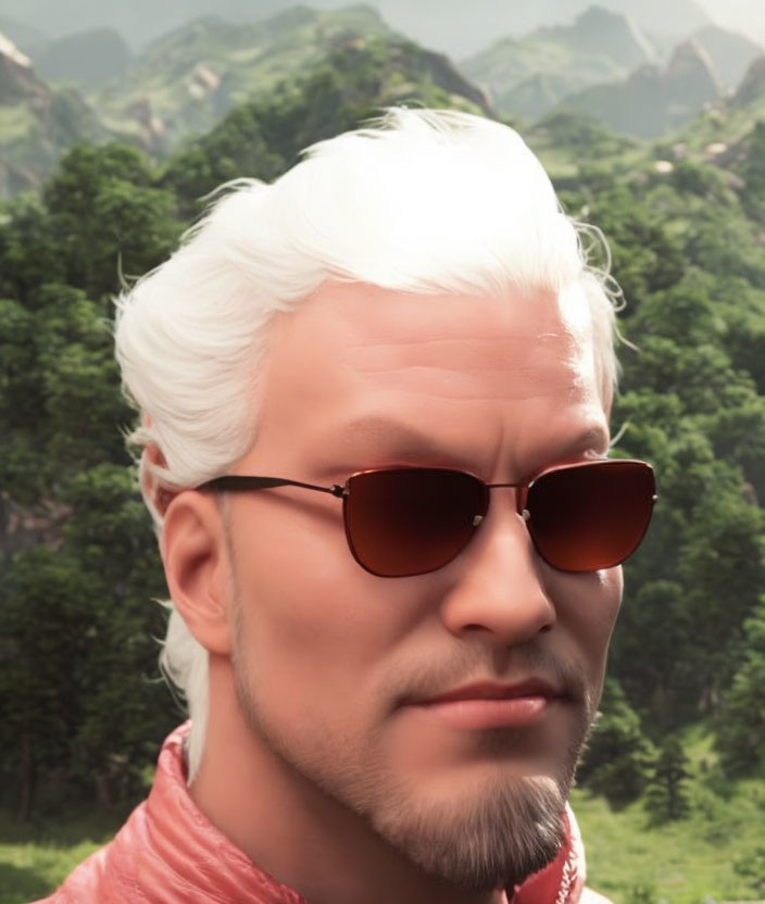 White-Haired Person Portrait with Sunglasses Against Mountainous Background