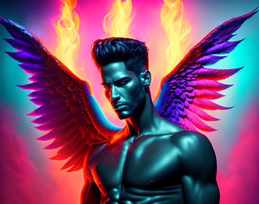 Male figure with colorful wings and fiery hair on neon background