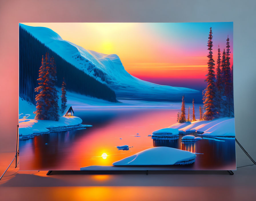 Winter landscape with snow-covered hills, lake, trees, and sunset on TV display