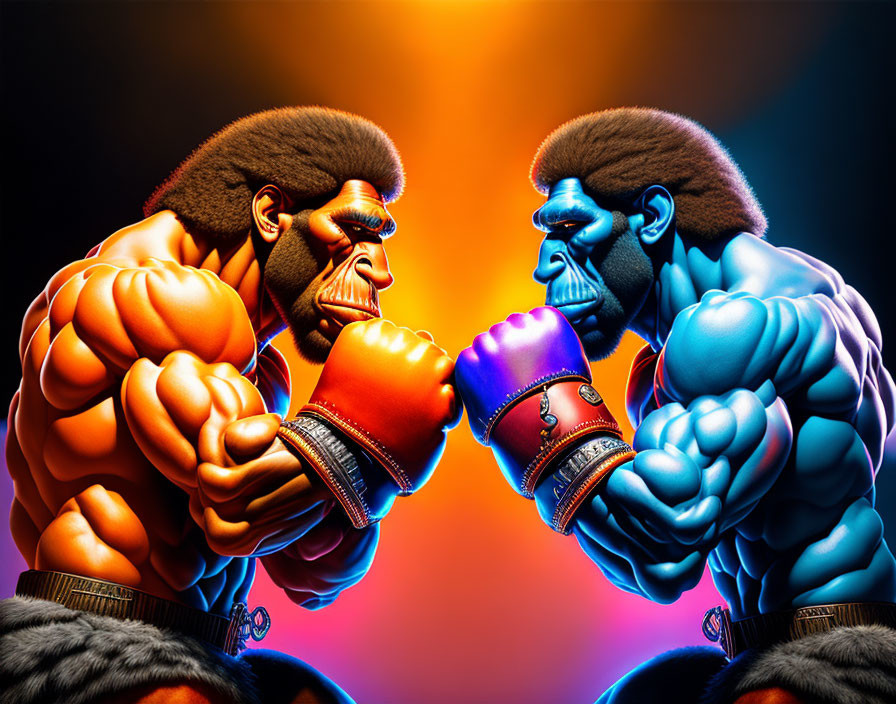 Anthropomorphic gorilla boxers in vibrant duel.