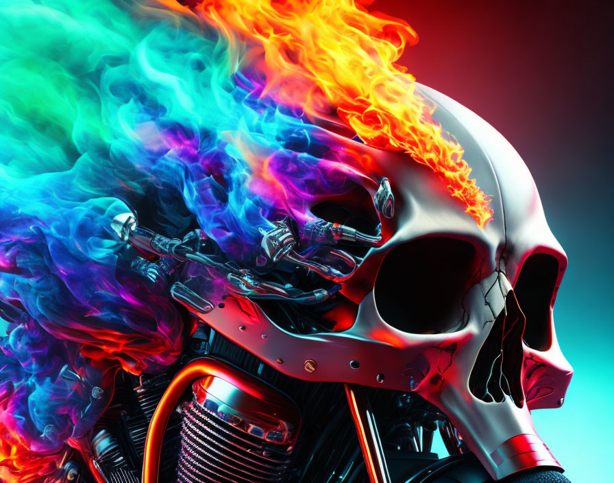 Stylized skull with motorcycle engine and colorful flames
