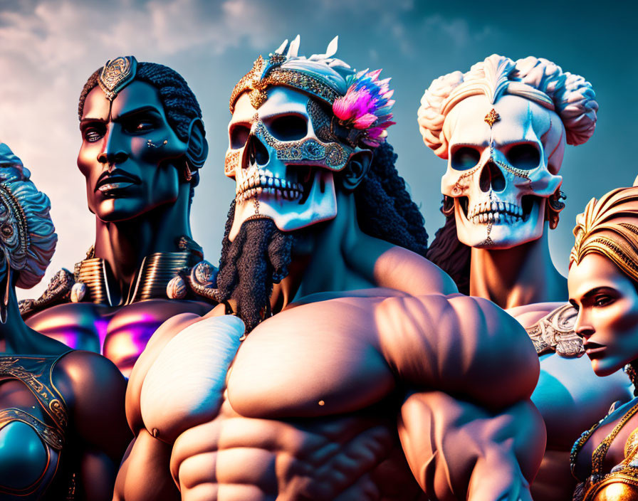 Stylized characters with skull-like faces and elaborate headdresses against a blue sky