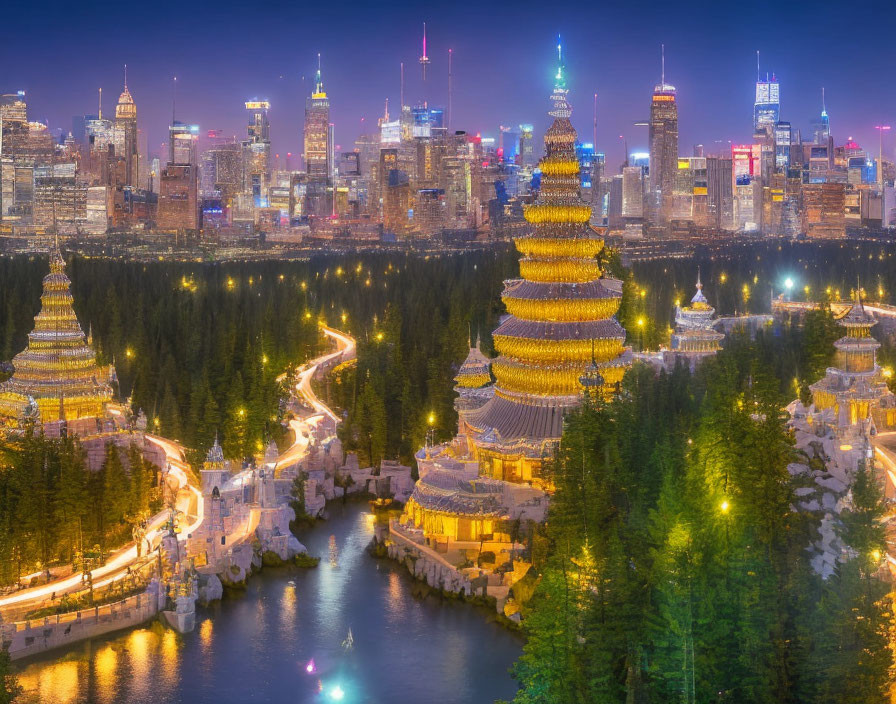 Cityscape blending modern skyscrapers with traditional Asian pagodas by a river at twilight.