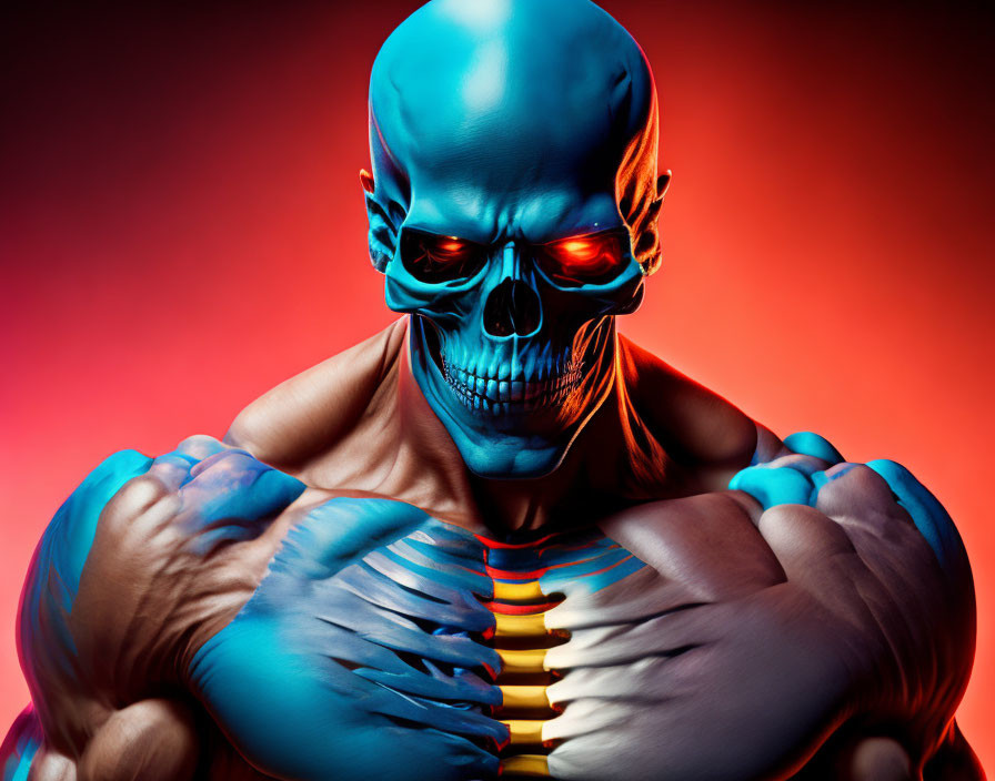 Muscular figure with skeletal face on red backdrop