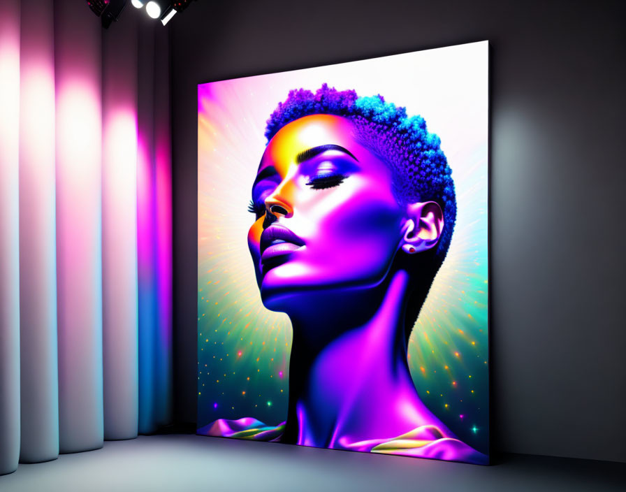 Colorful digital portrait of woman in gallery with pink lighting