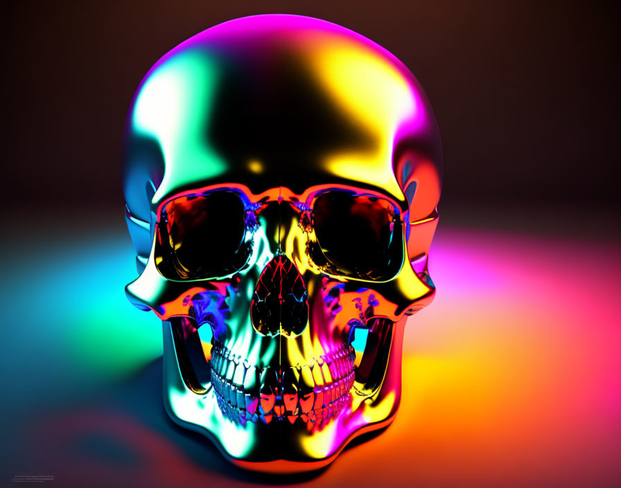 Multicolored reflective skull on dark background with pink, orange, and purple hues