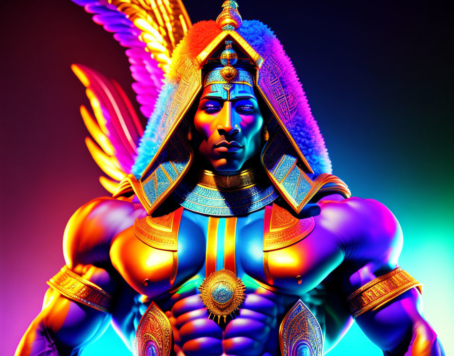 Colorful illustration of muscular warrior with wings and armor on gradient backdrop