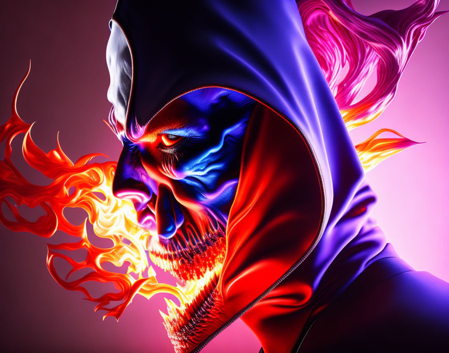 Hooded figure with fiery spectral design and blue skull face