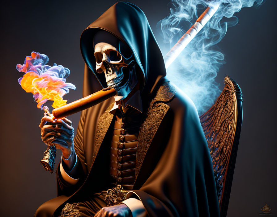 Mysterious skeletal figure in cloak with smoking pipe and colorful smoke