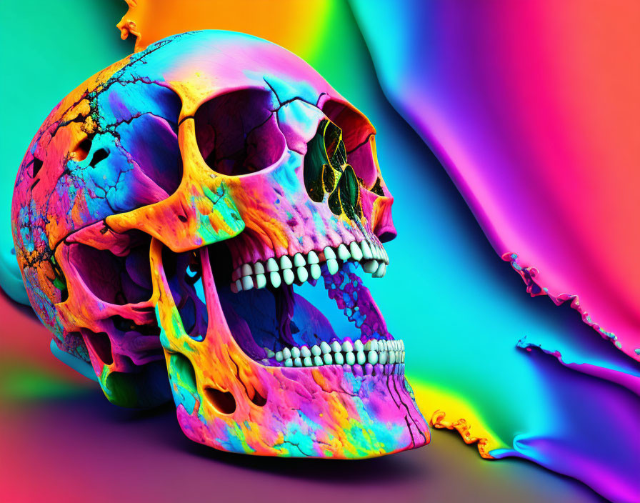 Colorful Human Skull on Swirling Rainbow Background