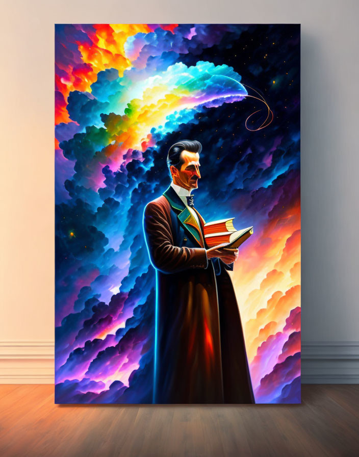 Colorful painting of man reading book under cosmic cloud