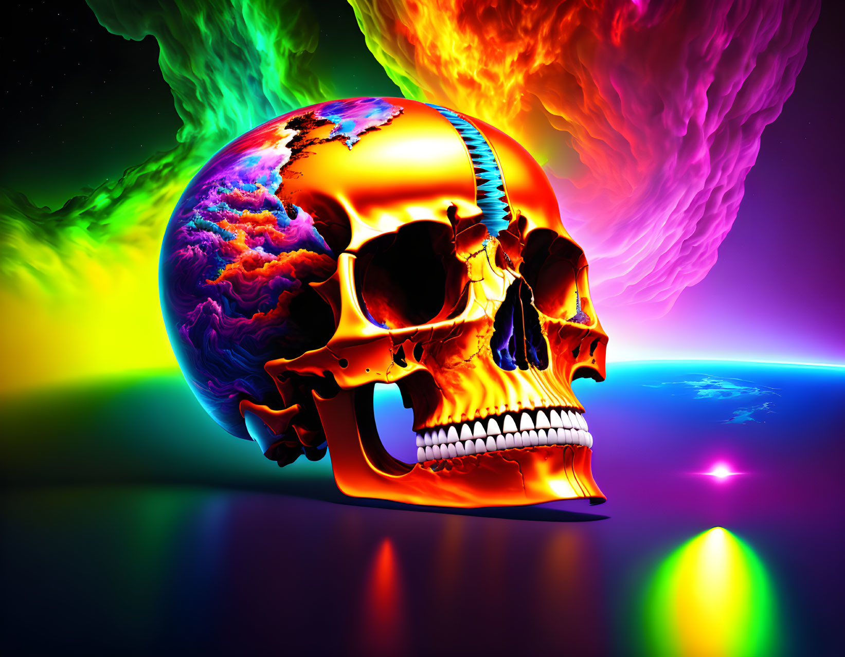 Colorful Human Skull with Psychedelic Cosmic Pattern & Nebulae Background