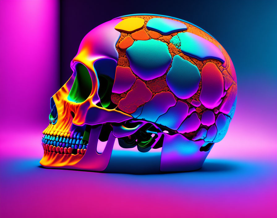 Colorful Psychedelic Skull on Pink and Blue Gradient Background