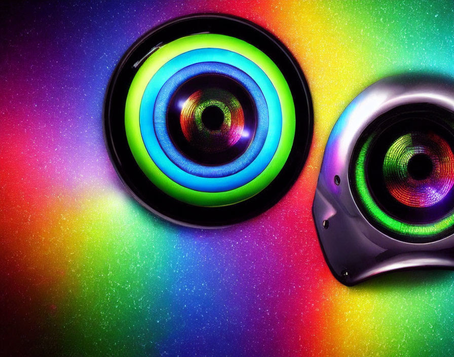 Colorful neon rainbow LED speakers on sparkling gradient background