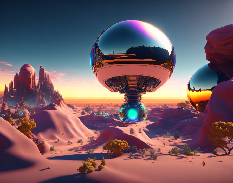 Futuristic desert landscape with floating spherical structures