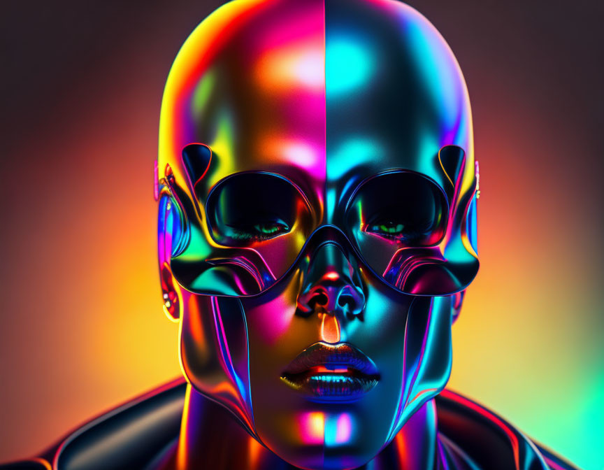 Colorful split-face digital art with glossy finish