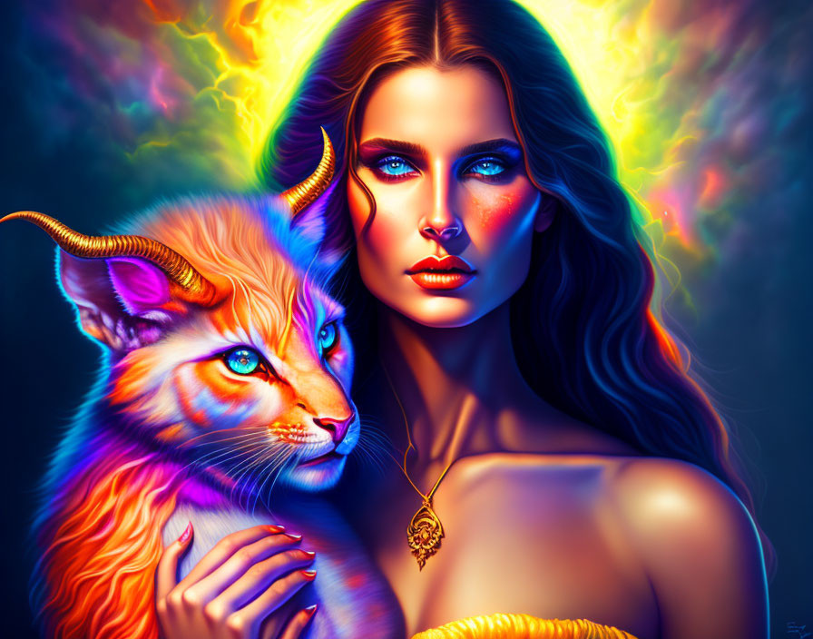 Digital artwork featuring woman with blue eyes, mythical feline, and colorful aurora backdrop