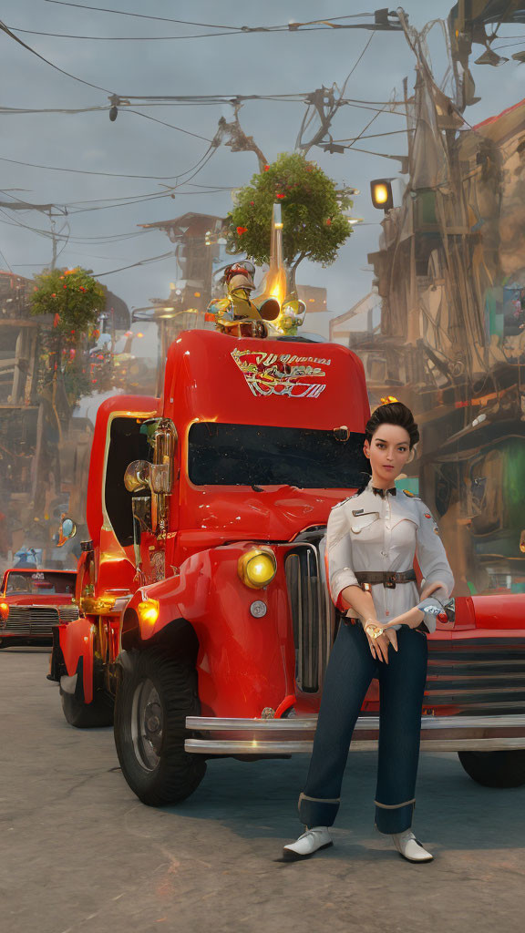 Futuristic mechanic woman by red classic truck in vibrant street