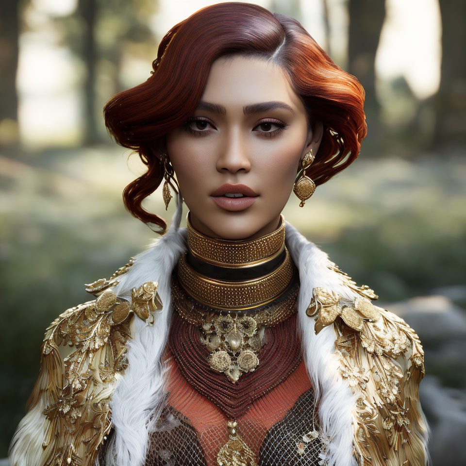 Red-haired woman in ornate gold-embellished jacket and chunky jewelry