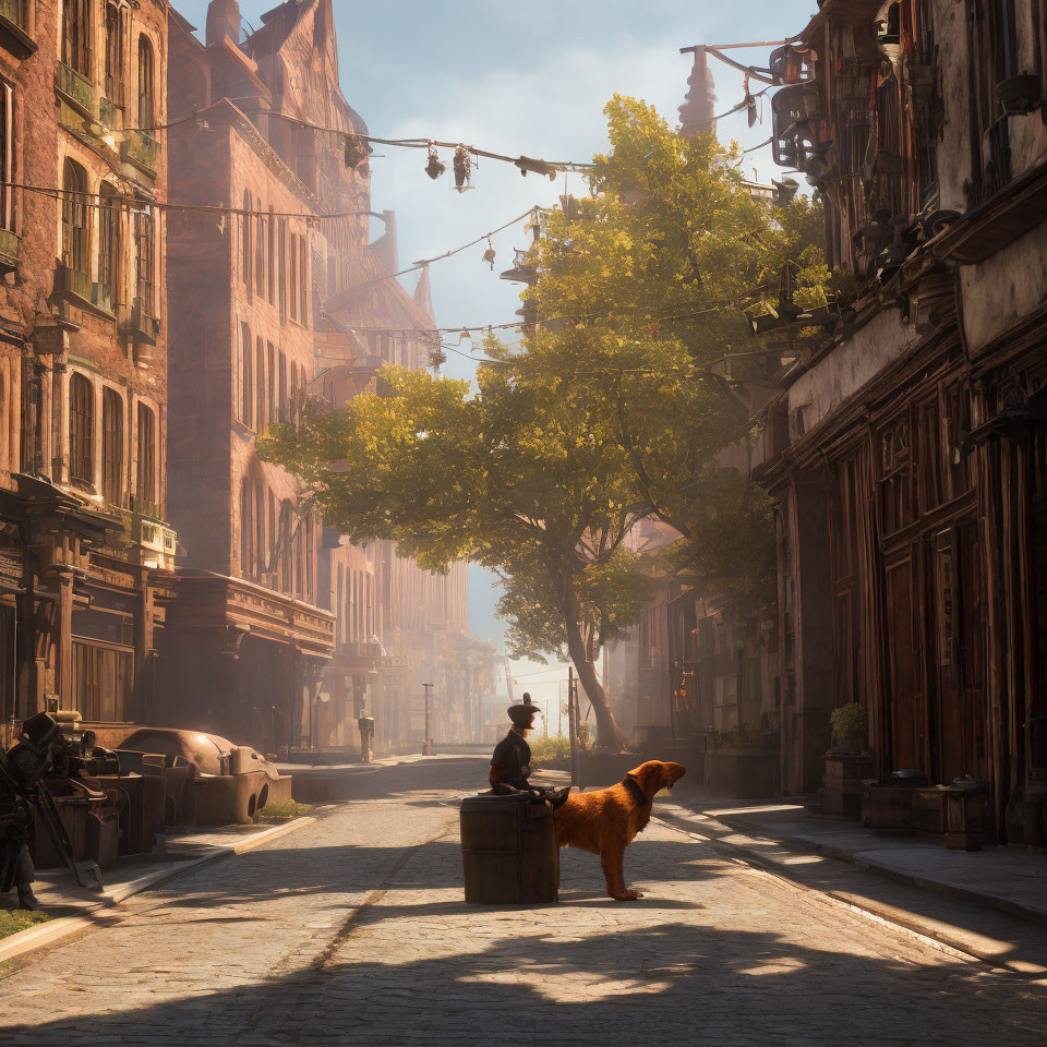 Vintage architecture and tranquil atmosphere with dog and street lights on sunlit street