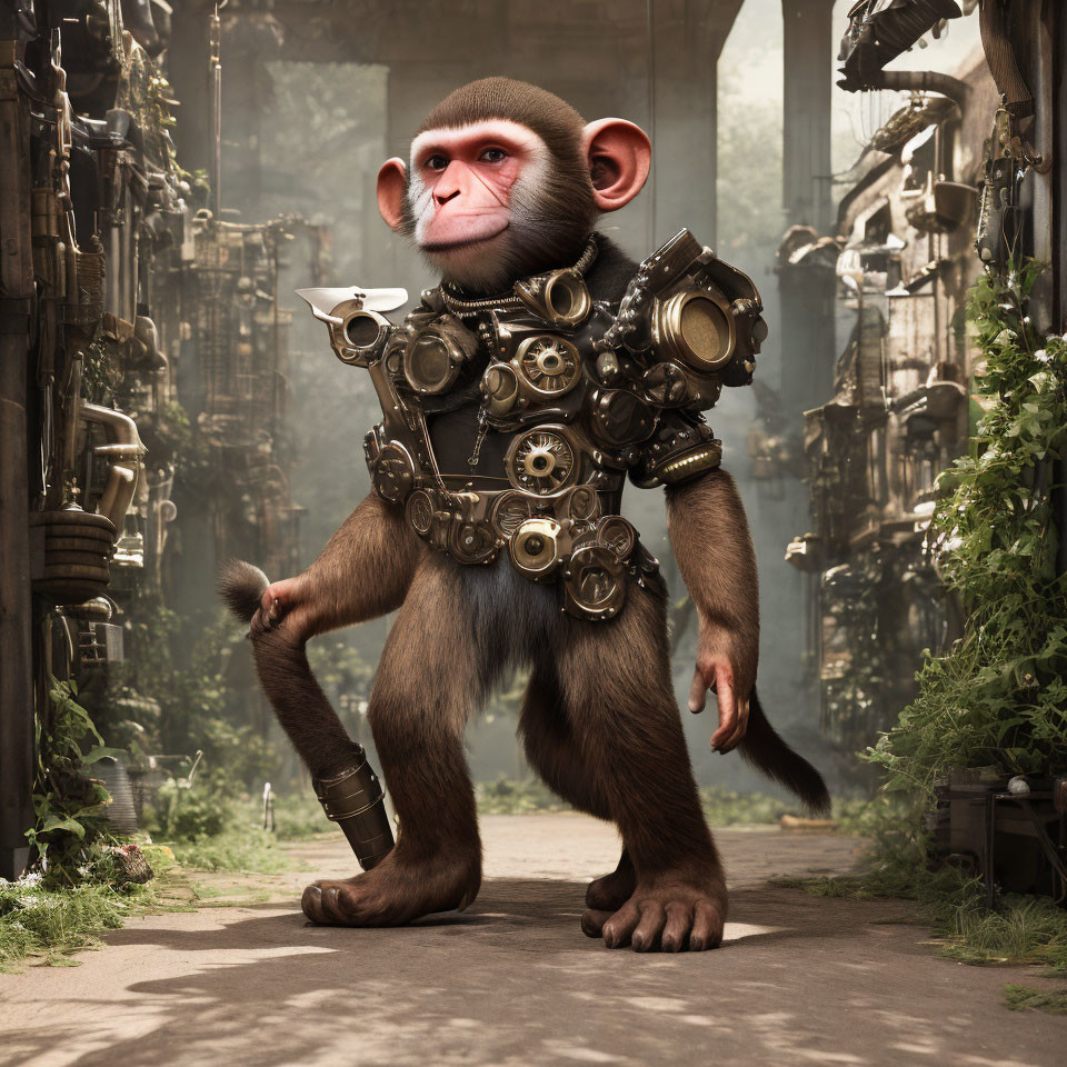 Steampunk-armored monkey with cup in futuristic alley.