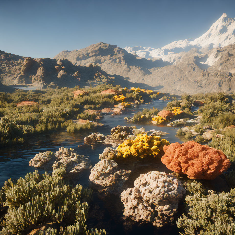 Tranquil river in lush valley with snow-capped mountains