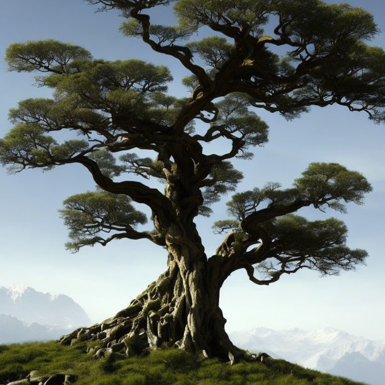 Majestic ancient tree on grassy hill with mountains