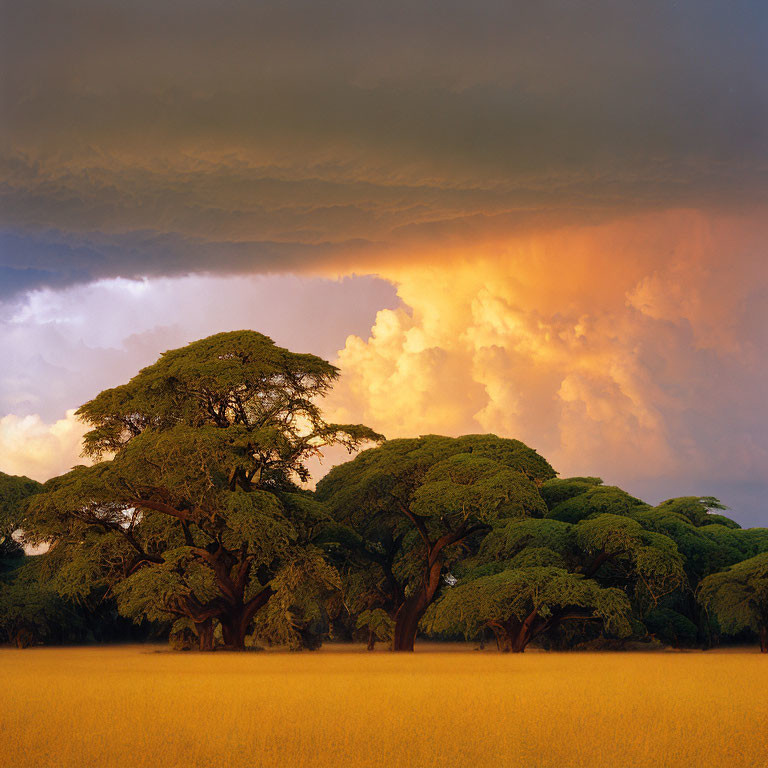 African savanna landscape with green acacia trees and stormy sky