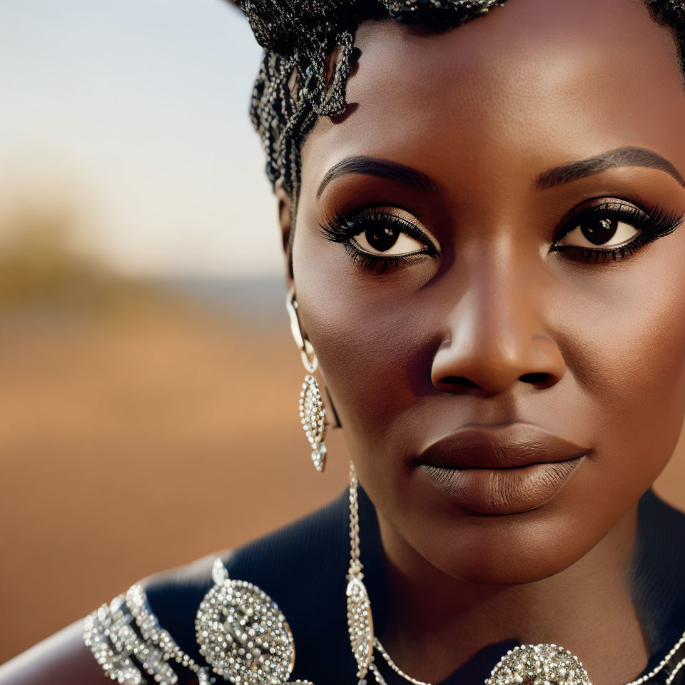 Detailed Portrait of Woman with Braided Hair, Striking Makeup, and Elegant Attire