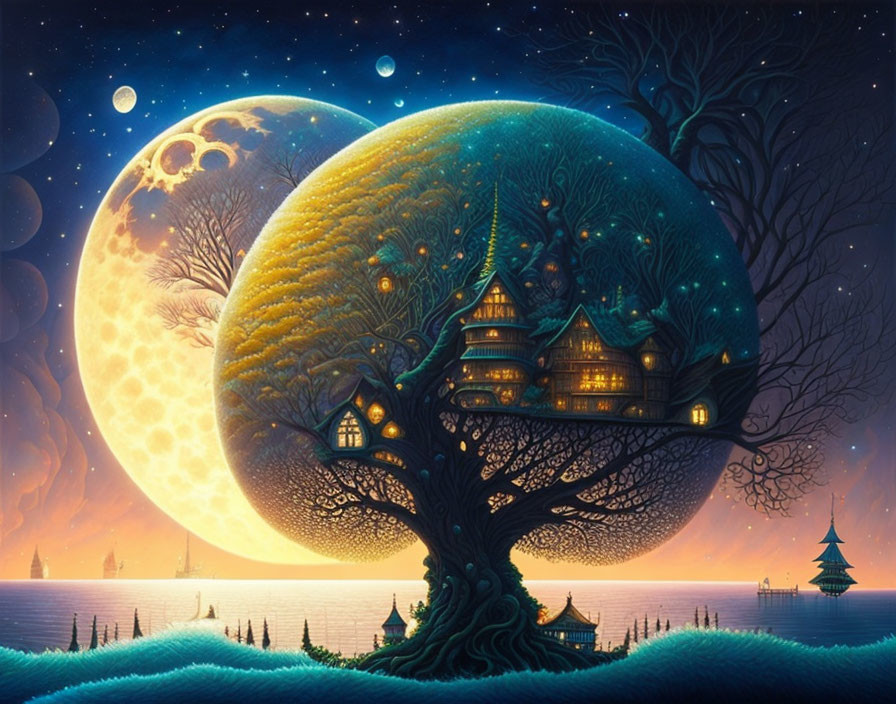 Artwork of tree with house, moons, and starry sky