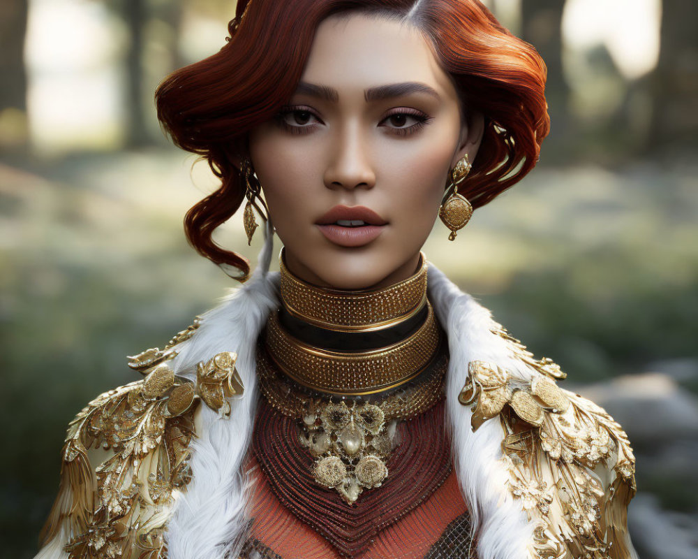 Red-haired woman in ornate gold-embellished jacket and chunky jewelry