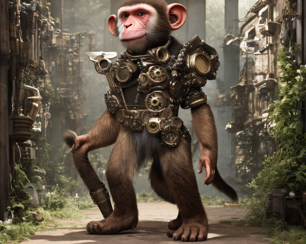 Steampunk-armored monkey with cup in futuristic alley.