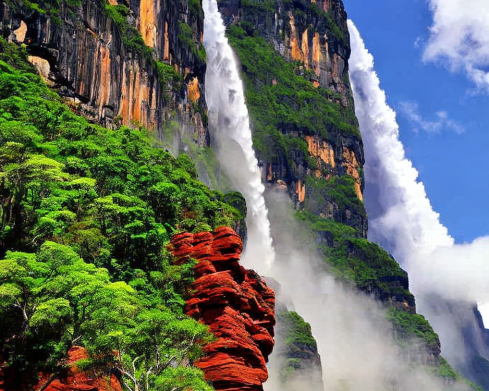 Towering Cliff Waterfall Amid Lush Greenery