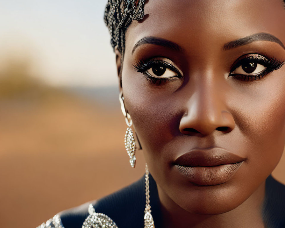 Detailed Portrait of Woman with Braided Hair, Striking Makeup, and Elegant Attire