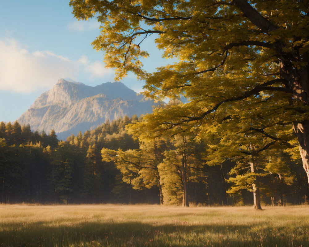 Autumn meadow with sunlight, trees, and mountain view