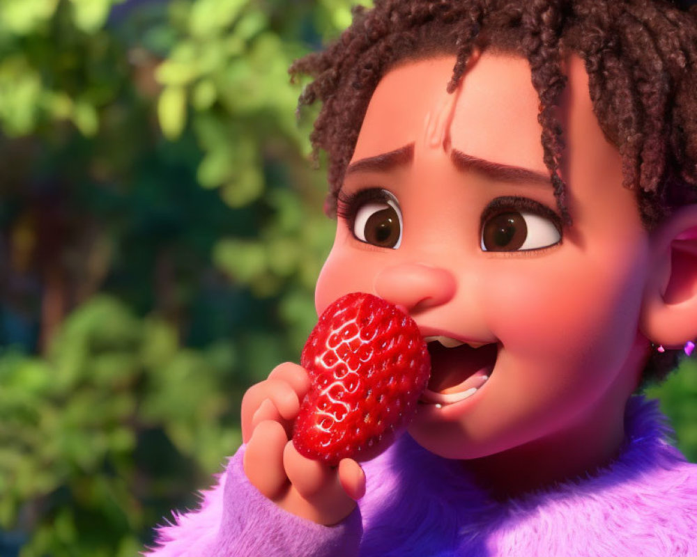 Dark-skinned girl in purple sweater with curly hair about to bite strawberry