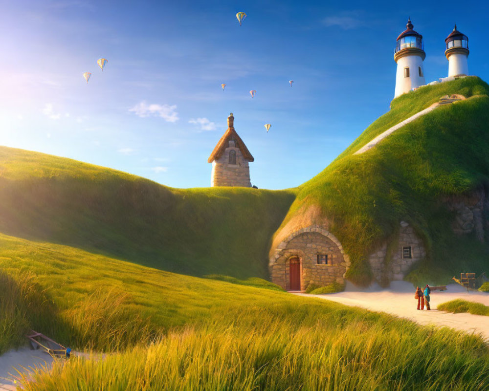 Lighthouse, Cottage, and Hot Air Balloons in Whimsical Landscape